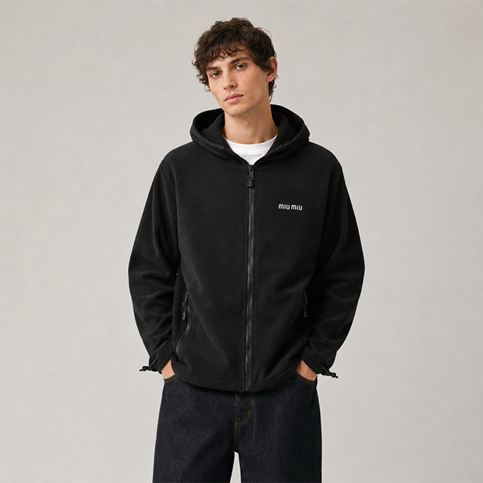 miu miu fleece logo zip‑up hooded jacket